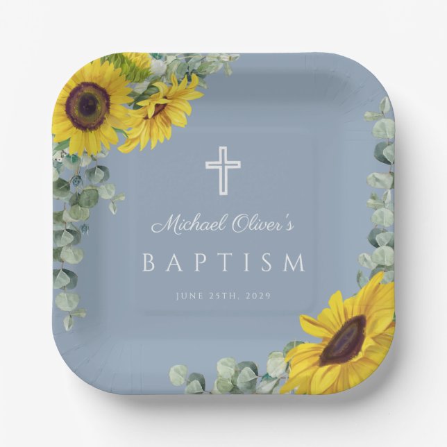 Elegant Dusty Blue Floral Cross Baptism Paper Plates (Front)