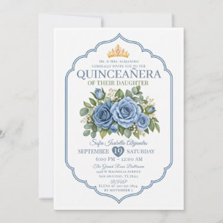 Elegant Dusty Blue Floral Crown Rose Quinceañera Invitation