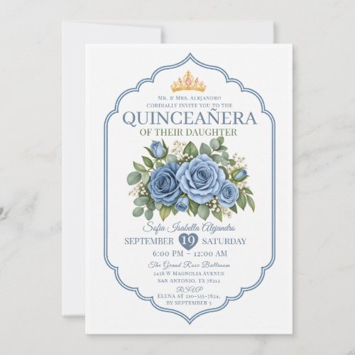 Elegant Dusty Blue Floral Crown Rose Quinceañera Invitation