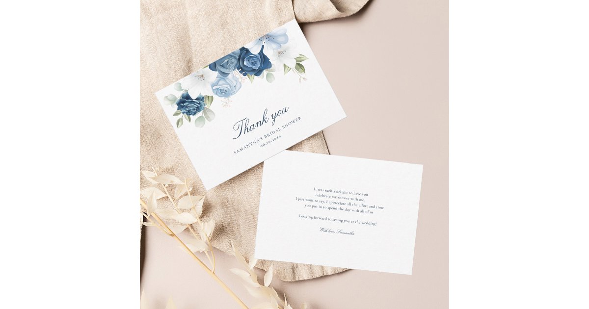 Elegant Dusty Blue Floral Eucalyptus Bridal Shower Thank You Card | Zazzle