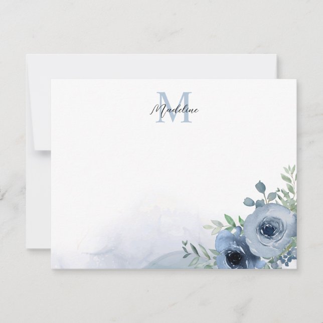 Elegant Dusty Blue Floral Eucalyptus Monogram Note Card (Front)