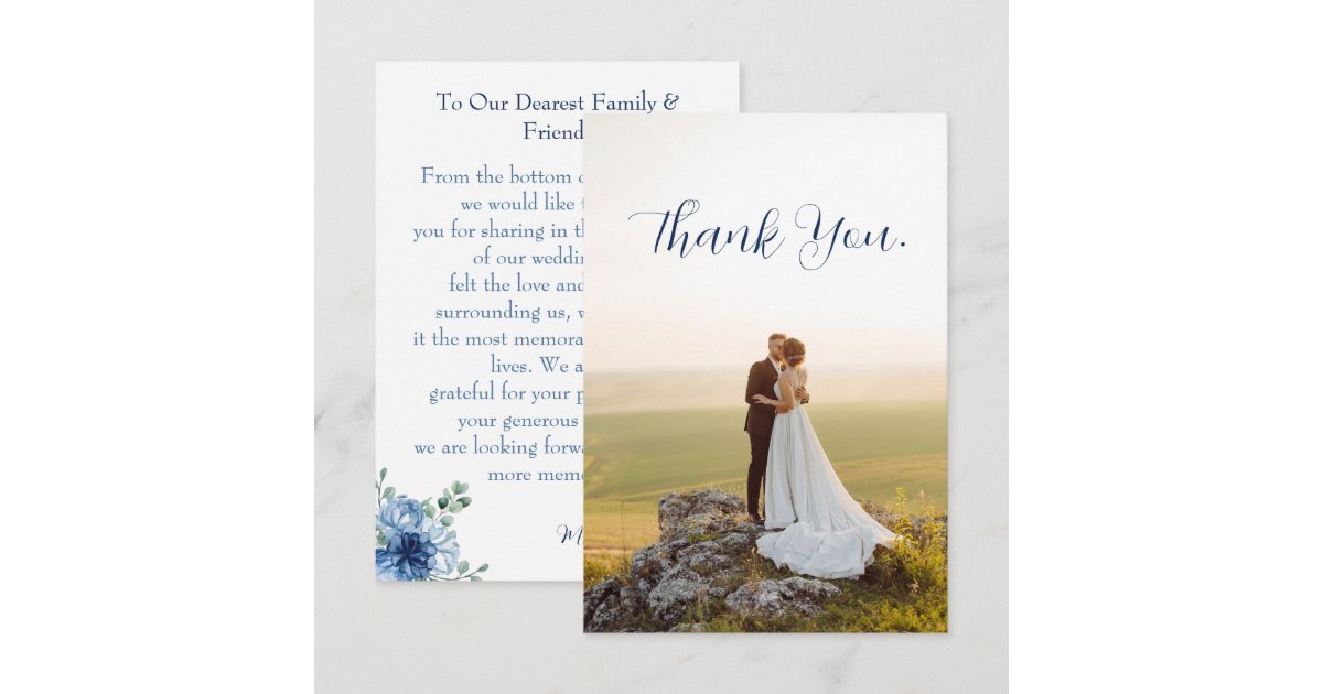 Elegant Dusty Blue Floral Eucalyptus Wedding Photo Thank You Card | Zazzle