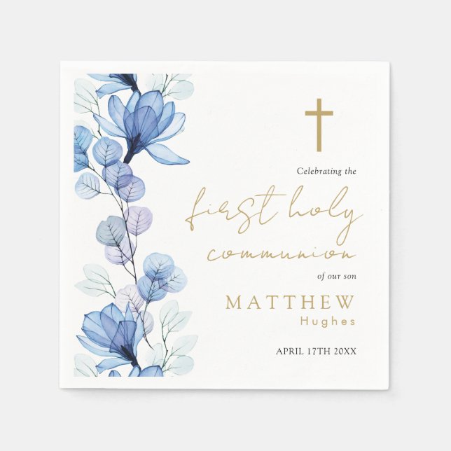 Elegant Dusty Blue Floral First Holy Communion Napkins (Front)