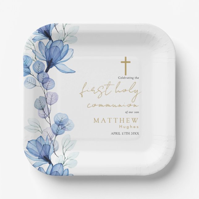 Elegant Dusty Blue Floral First Holy Communion Paper Plates (Front)