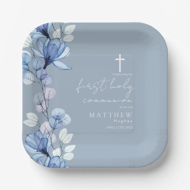 Elegant Dusty Blue Floral First Holy Communion Paper Plates (Front)