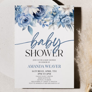 Elegant Dusty Blue Floral Flowers Baby Shower Invitation