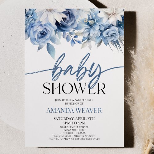 Elegant Dusty Blue Floral Flowers Baby Shower Invitation