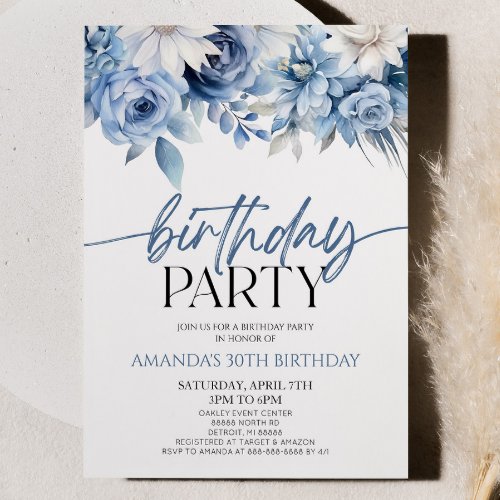 Elegant Dusty Blue Floral Flowers Birthday Party Invitation