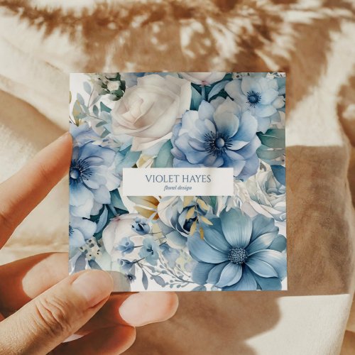 Elegant Dusty Blue Floral Flowers Custom Square Business Card