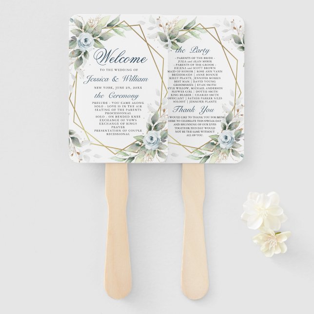 Elegant Dusty Blue Floral Foliage Wedding Program Hand Fan (Front and Back)