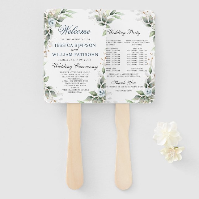 Elegant Dusty Blue Floral Foliage Wedding Program Hand Fan (Front and Back)