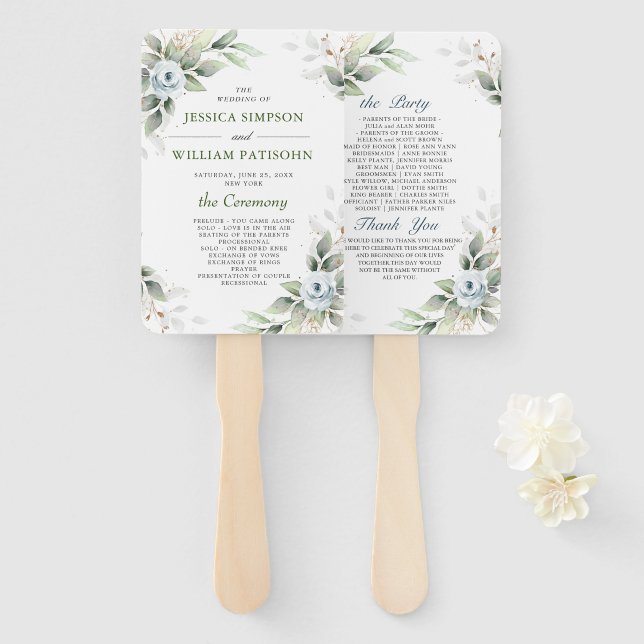 Elegant Dusty Blue Floral Foliage Wedding Program Hand Fan (Front and Back)