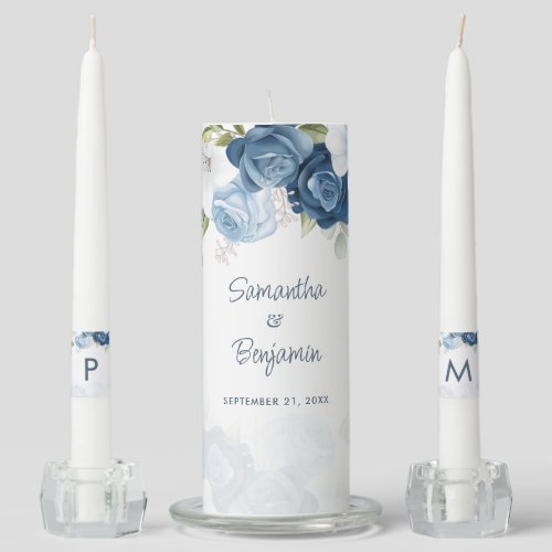 Elegant Dusty Blue Floral Foliage Wedding Unity Candle Set