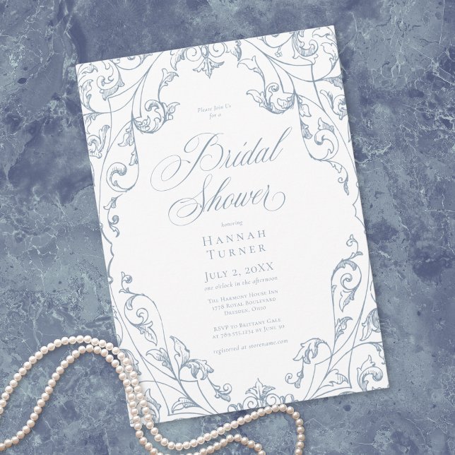 Elegant Dusty Blue Floral Frame Bridal Shower Invitation (Elegant Dusty Blue Floral Frame Bridal Shower Invitation)
