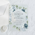 Elegant Dusty Blue Floral Frame Wedding Acrylic Invitations<br><div class="desc">Make a lasting impression with our Elegant Dusty Blue Floral wedding invitations, featuring your wedding details framed within a geometric design of dusty blue and white roses, hydrangeas, and lush eucalyptus leaves. Set against a transparent acrylic background, this modern floral invitation combines sophistication and nature-inspired beauty. Perfect for spring or...</div>