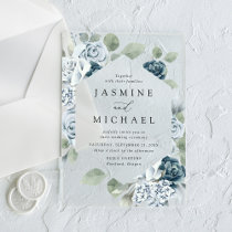 Elegant Dusty Blue Floral Frame Wedding Acrylic Invitations