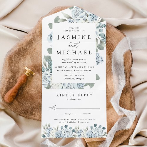 Elegant Dusty Blue Floral Frame Wedding All In One Invitation