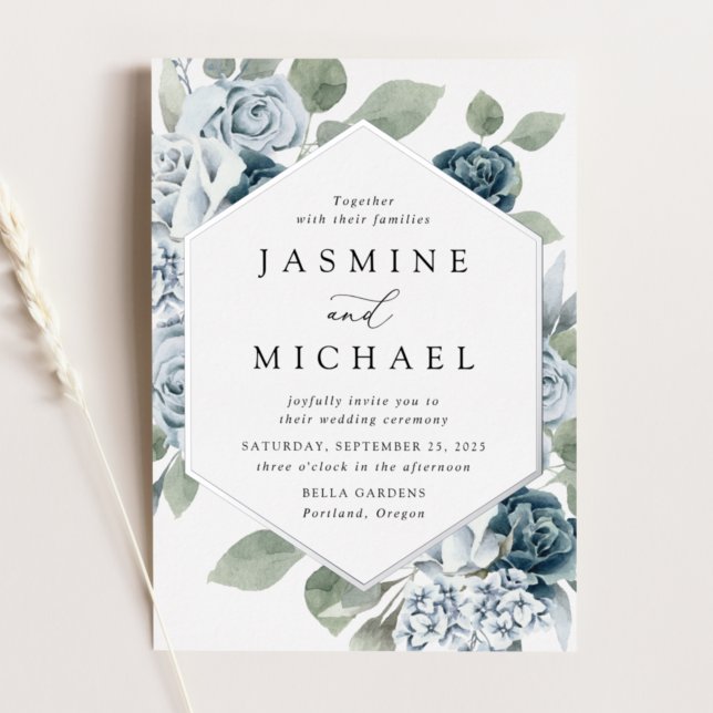 Elegant Dusty Blue Floral Frame Wedding Foil Invitation (Creator Uploaded)