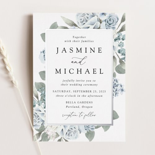 Elegant Dusty Blue Floral Frame Wedding Foil Invitation