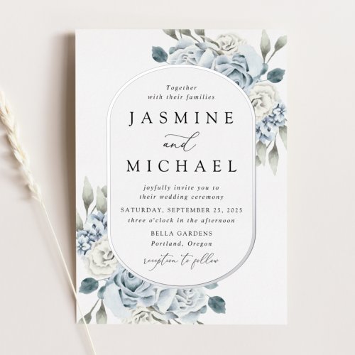 Elegant Dusty Blue Floral Frame Wedding Foil Invitation