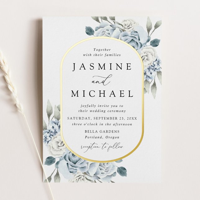 Elegant Dusty Blue Floral Frame Wedding Foil Invitation (Creator Uploaded)