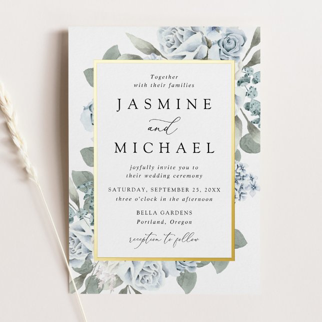 Elegant Dusty Blue Floral Frame Wedding Foil Invitation (Creator Uploaded)