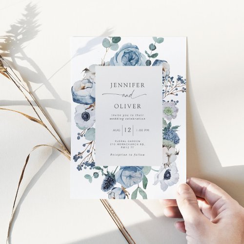 Elegant Dusty blue floral frame wedding invitation