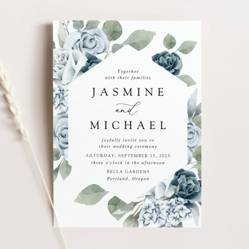Elegant Dusty Blue Floral Frame Wedding Invitation