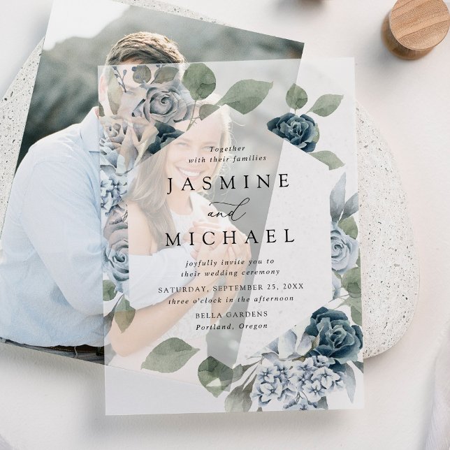 Elegant Dusty Blue Floral Frame Wedding Vellum Invitations (Creator Uploaded)