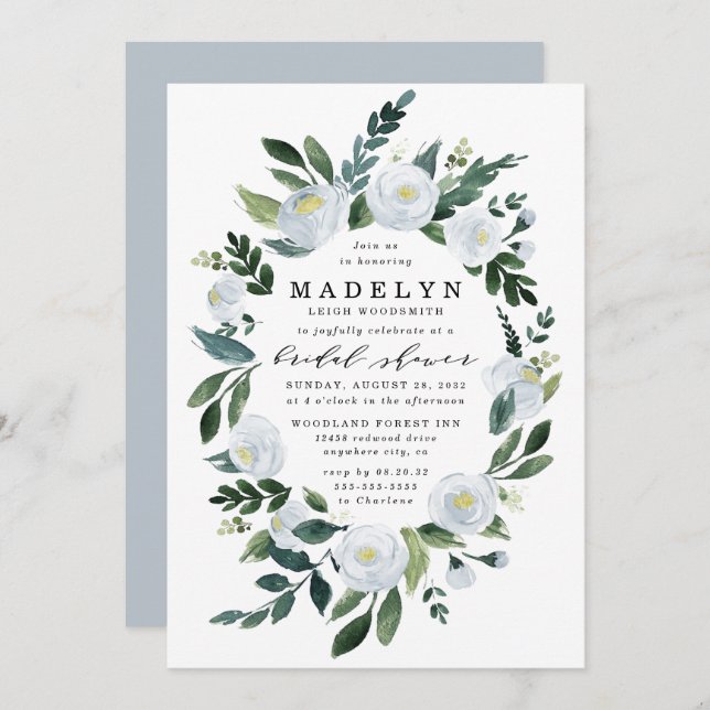 Elegant Dusty Blue Floral Garden Bridal Shower Invitation (Front/Back)