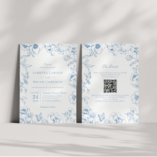 Elegant Dusty Blue Floral Garden QR Code Wedding Invitation