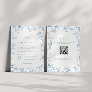 Elegant Dusty Blue Floral Garden QR Code Wedding Invitation
