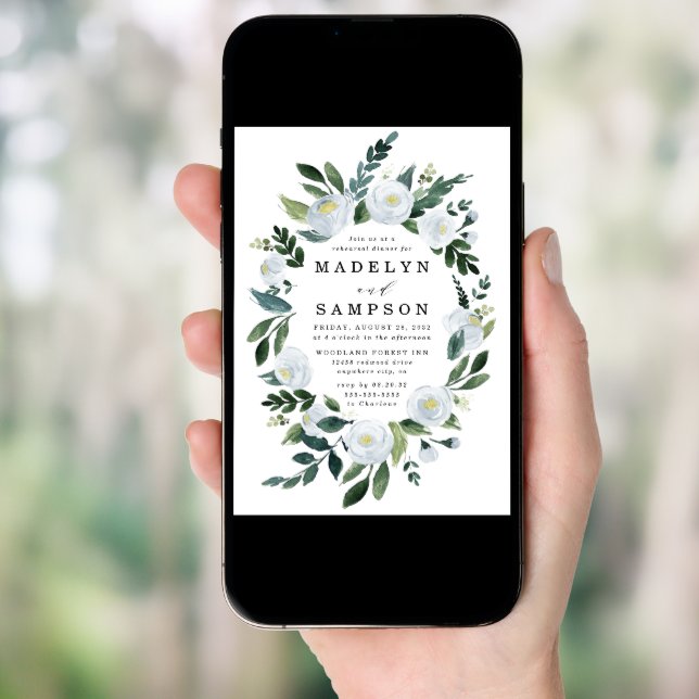 Elegant Dusty Blue Floral Garden Rehearsal Dinner Invitation (Front Digital)