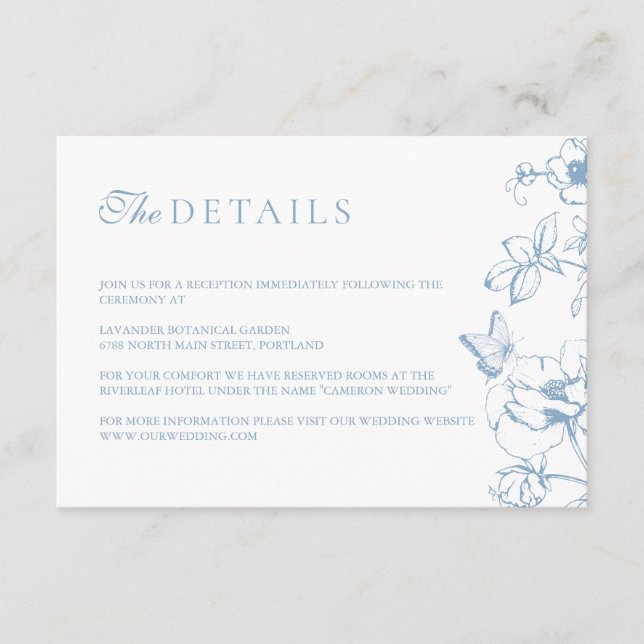Elegant Dusty Blue Floral Garden Wedding Details Enclosure Card (Front)