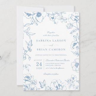 Elegant Dusty Blue Floral Garden Wedding Photo Invitation
