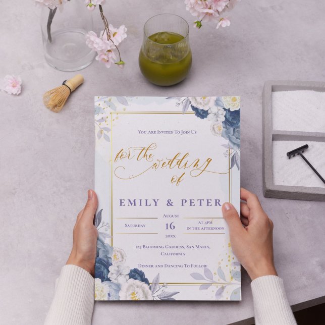 Elegant Dusty Blue Floral Gold Border Wedding Invitation (Elegant Dusty Blue Floral Gold Border Wedding Invitation)