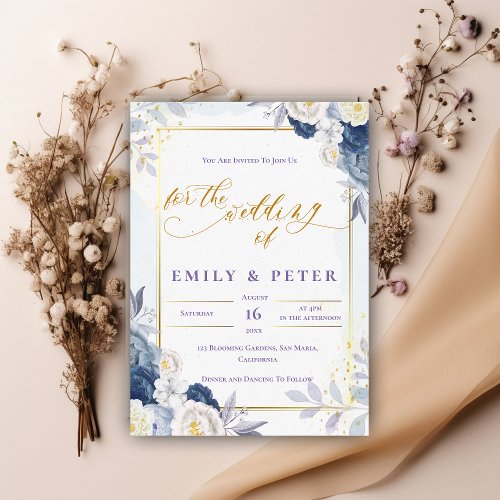 Elegant Dusty Blue Floral Gold Border Wedding Invitation