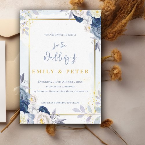 Elegant Dusty Blue Floral Gold Border Wedding Invitation