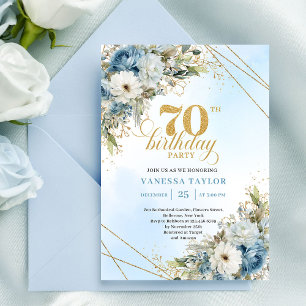 Elegant dusty blue floral gold frame 70th birthday invitation