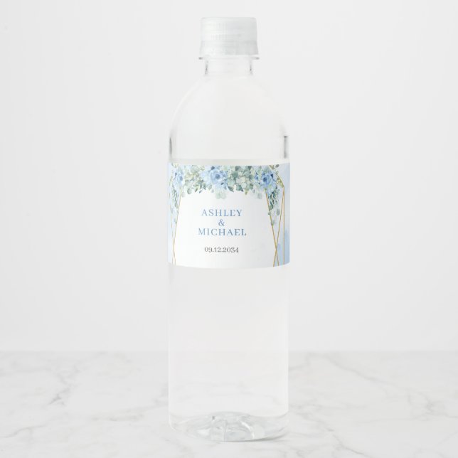 Elegant  Dusty Blue floral Gold frame eucalyptus  Water Bottle Label (Front)
