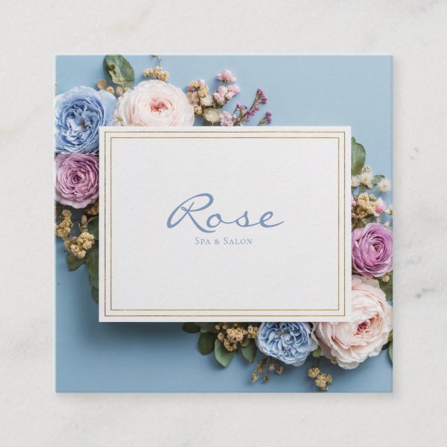 Elegant Dusty Blue Floral Gold Frame Rose Garden Square Business Card (Front)