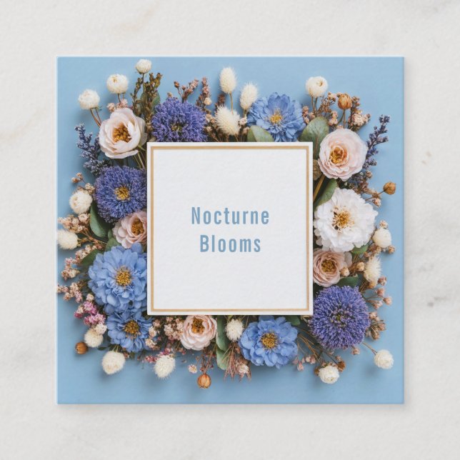 Elegant Dusty Blue Floral Gold Frame Rustic Wreath Square Business Card (Front)