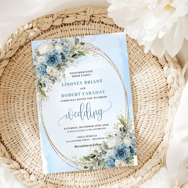 Elegant Dusty Blue Floral Gold Frame Wedding Invitation | Zazzle