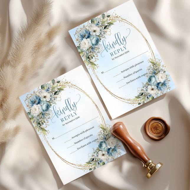 Elegant Dusty Blue Floral Gold Frame Wedding RSVP Card (Premium Zazzle printing delivers crisp detail, rich dusty blue tones, and elegant gold accents on lu)