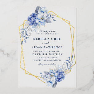 Elegant Dusty Blue Floral Gold Geometric Wedding Foil Invitation