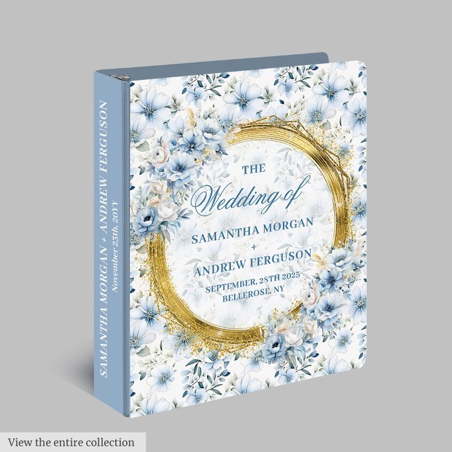 Elegant Dusty Blue Floral Gold Glitter Wedding 3 Ring Binder (Elegant Dusty Blue Floral Gold Glitter Wedding 3 ring binder)
