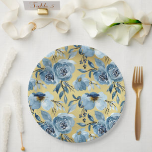 Elegant Dusty Blue Floral & Gold Round Party Paper Plates