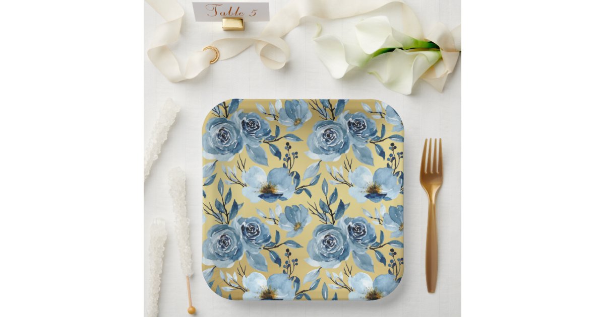 Elegant Dusty Blue Floral & Gold Square Party Paper Plates | Zazzle