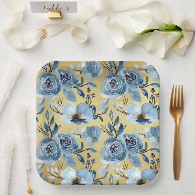 Elegant Dusty Blue Floral & Gold Square Party Paper Plates (Wedding)