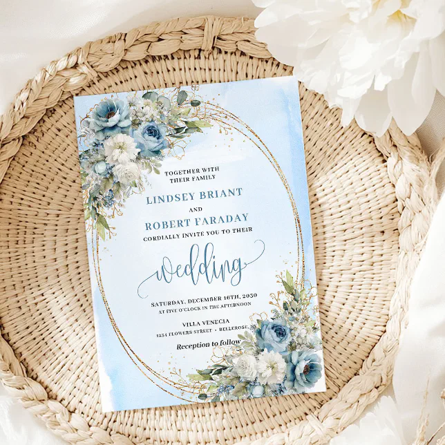 Elegant Dusty Blue Floral Gold Wedding Invitation | Zazzle